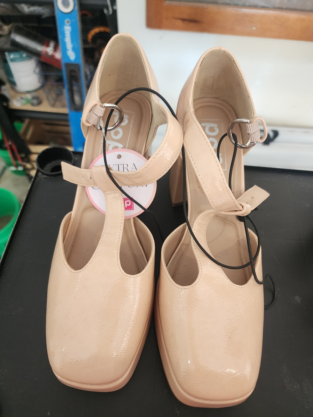 pop Nude Patent T-Strap Block Heel Pumps